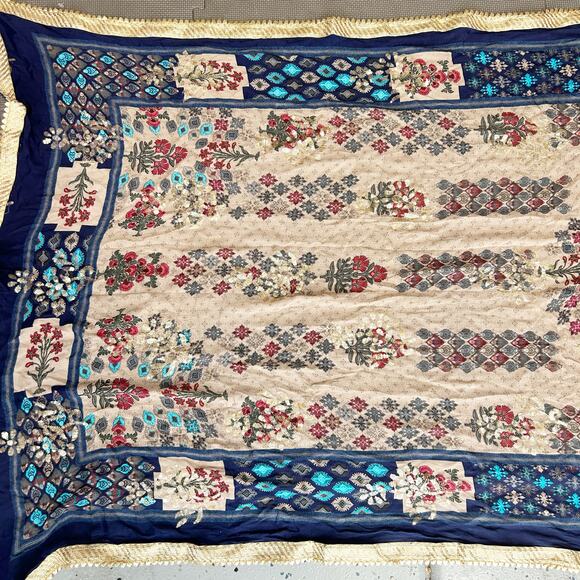 Pakistani Dupatta Indian Sequin Floral‎ Embroidered Art Deco Cottagecore Boho - Picture 2 of 6